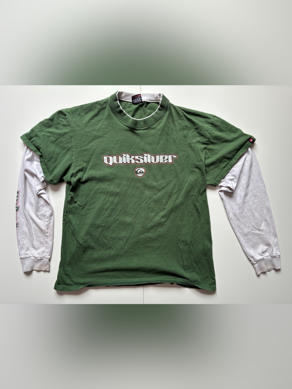 Vintage Quiksilver Green Long-Sleeve Tee with White Layered Sleeves - Size Med